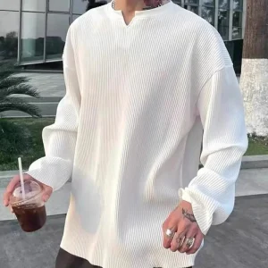 Loose Long-sleeved Ribbed Drape T-shirt For Fitness Men's Autumn And Winter Striped V-neck Henley Neck Pleated High Elasticity