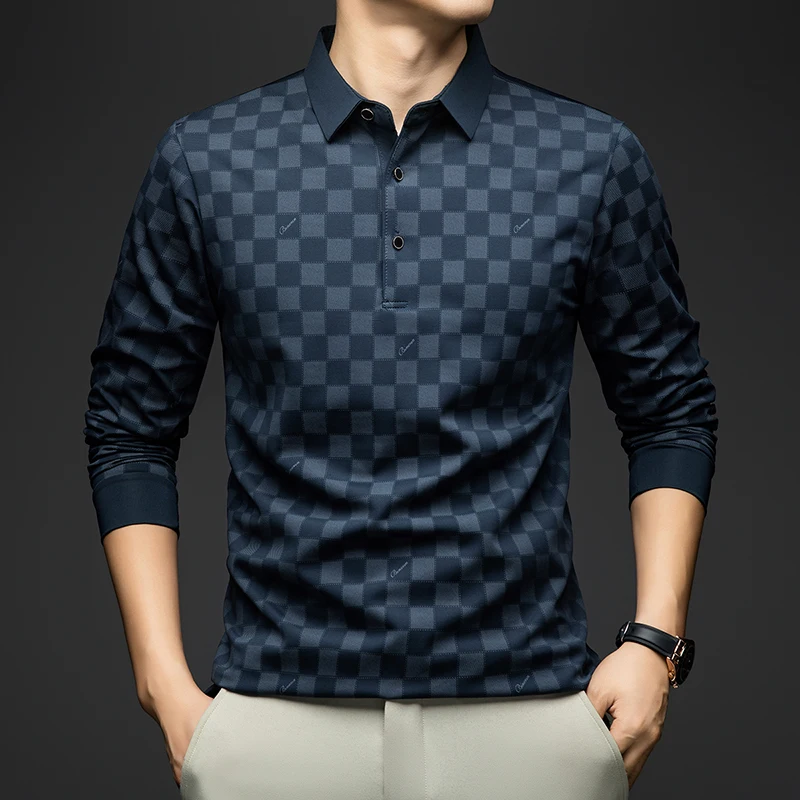 BROWON Polo Shirts for Man Autumn Business Slim Fit Long Sleeve T Shirt Men 2025 New Casual Loose Pullover Plaid Men Tops & Tees - Image 2