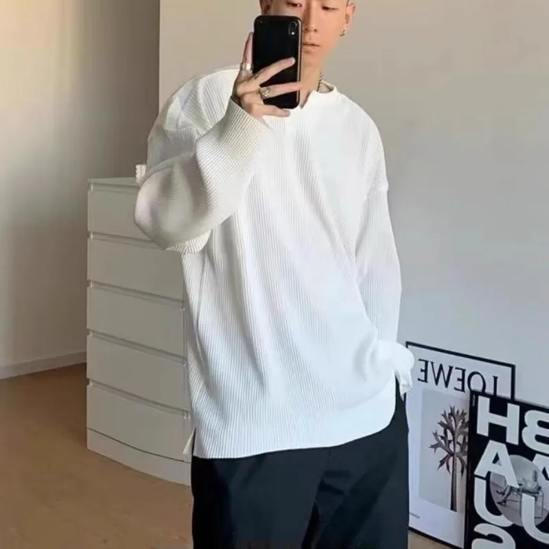 Loose Long-sleeved Ribbed Drape T-shirt For Fitness Men's Autumn And Winter Striped V-neck Henley Neck Pleated High Elasticity - Image 2