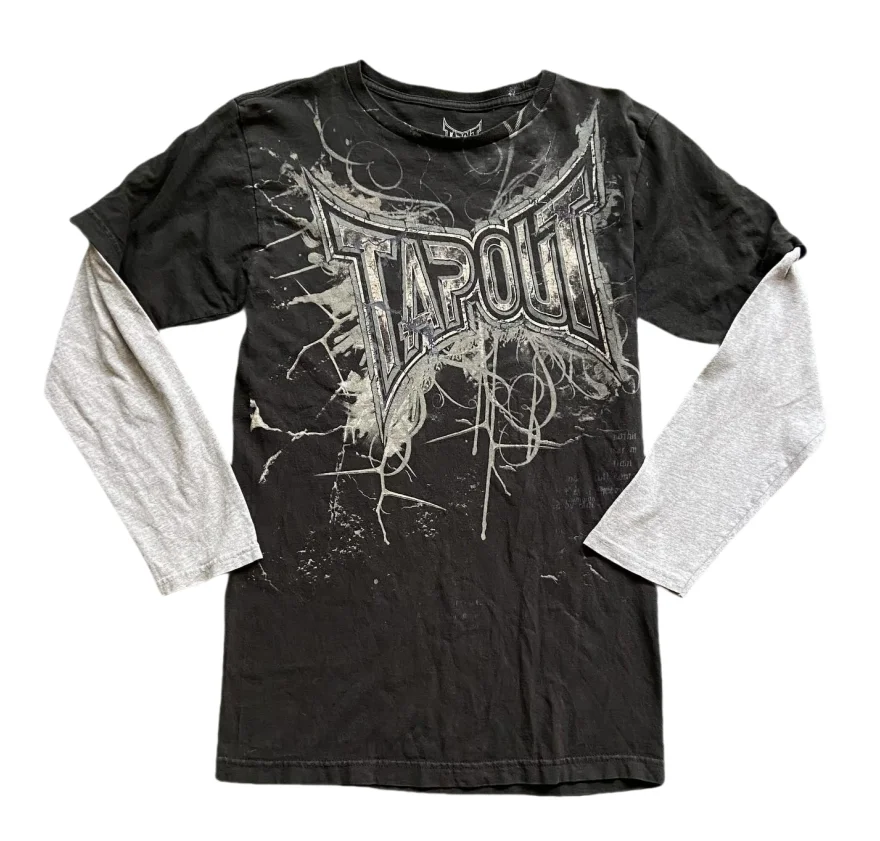 Gothic Vintage Distressed T-Shirt Two-in-One Skeleton Print Layered Top Y2K Retro Streetwear Loose Fit Harajuku Fashion Tee