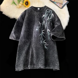 Bamboo Leaf Pattern Short Sleeve Heavy Fabric Acid Washed Men's T-shirt Men Woman Streetwear Oversized Loose Tops Summer Tees