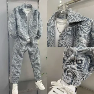 2025 New Men's casual fashion two-piece pants set, sporty lapel jacquard shirt, long-sleeved spring and autumn set